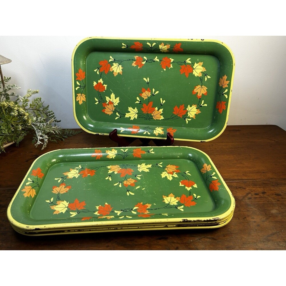 Vintage Metal Serving Snack Trays Green Fall Leaves Set of 5
